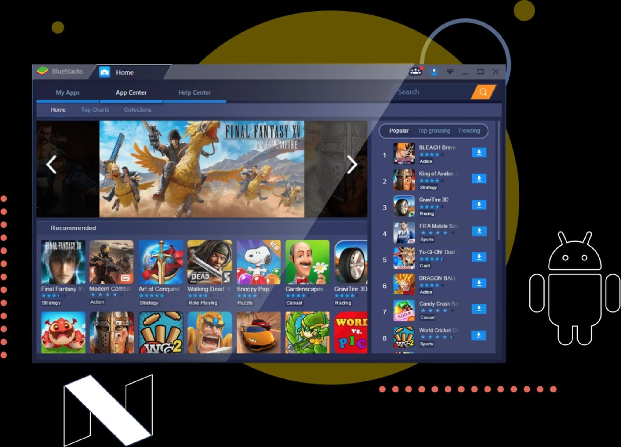 BlueStacks App Center on a black collage with an Android robot and the Nougat logo