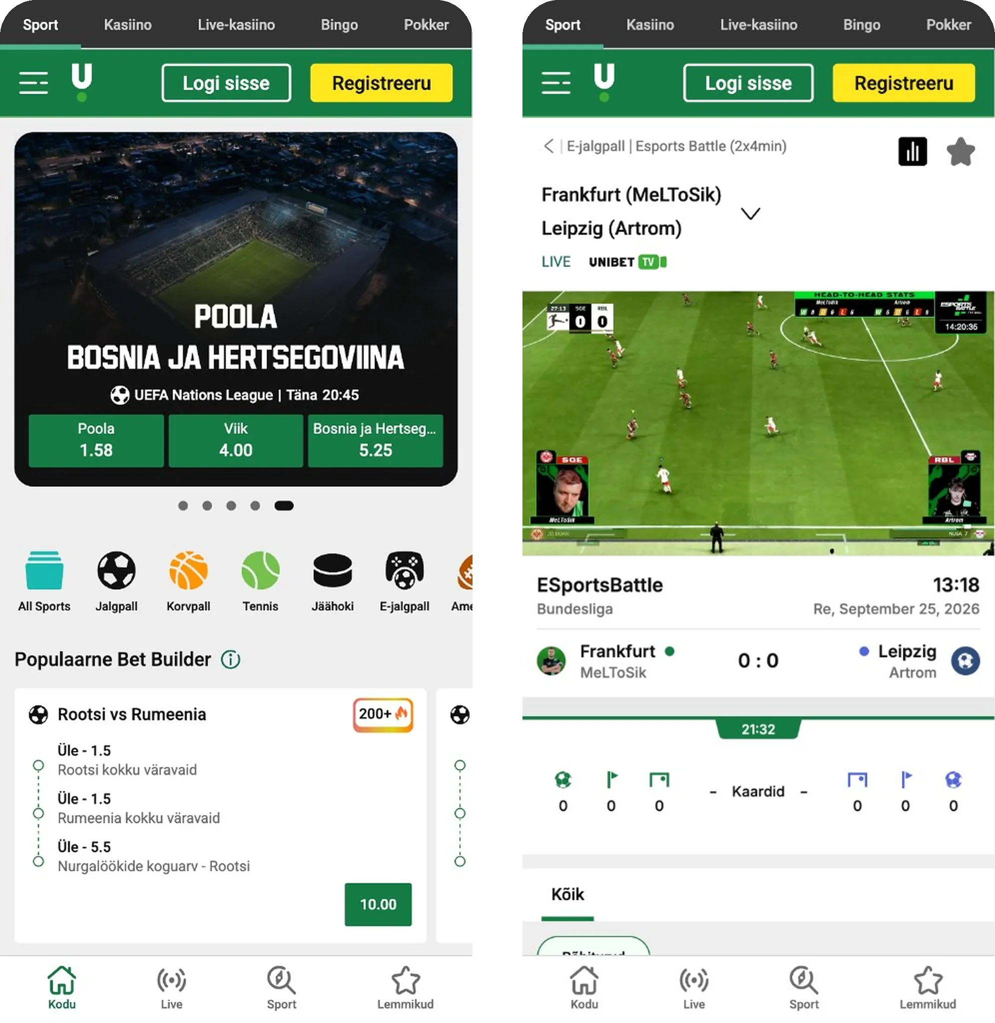 Unibet sportsbook in Estonian: a UEFA Nations League match with the bet builder, and a live esports match